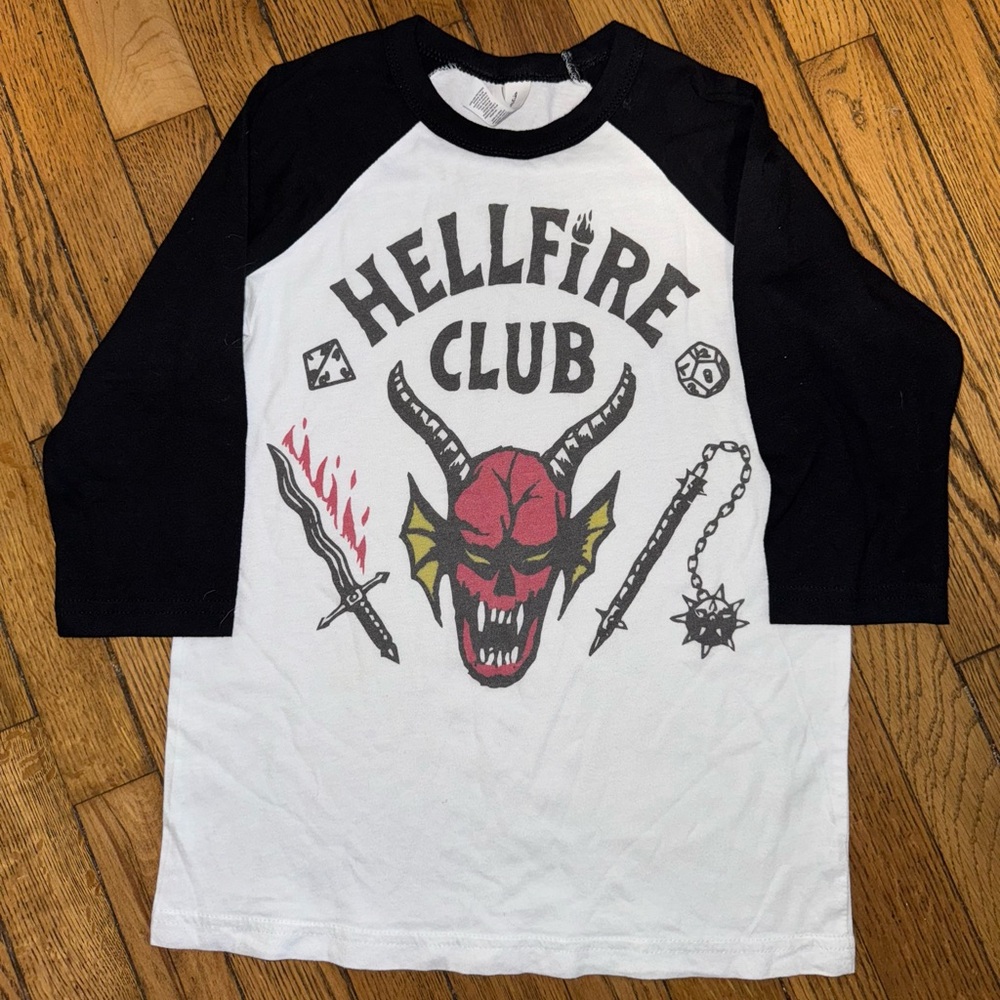 Stranger Things Hellfire Club Raglan Tee Shirt Youth Small (6–8, Bella + Canvas)